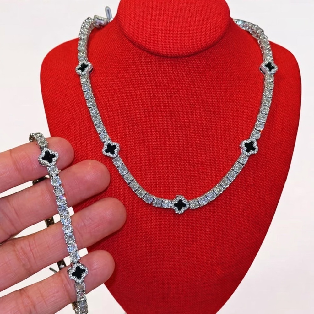 Elegant Black and Silver Clover Tennis Necklace & Bracelet Set 16inch and 7inch